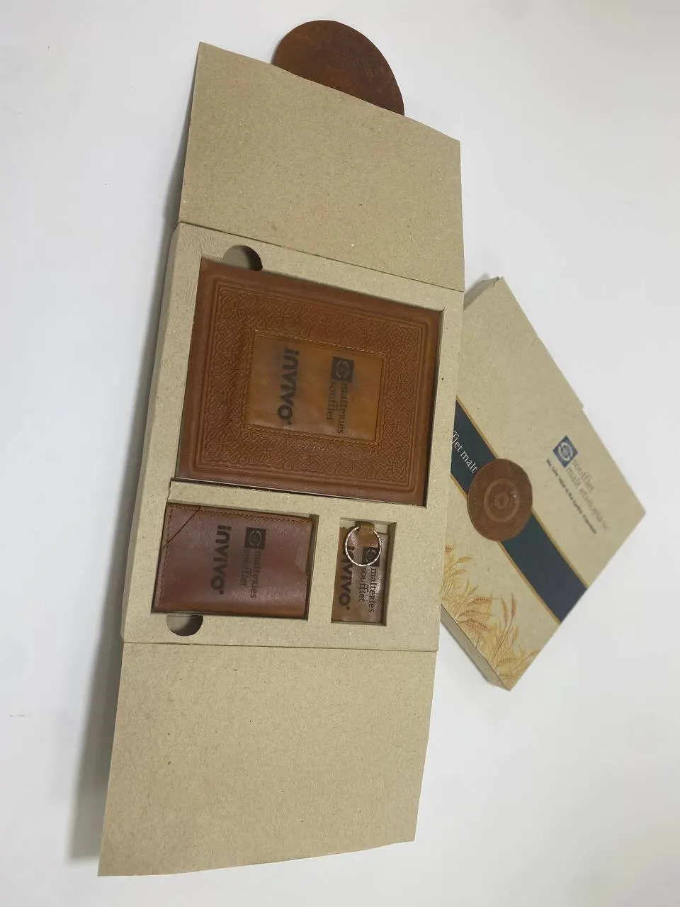 Corporate leather gift set in a kraft box
